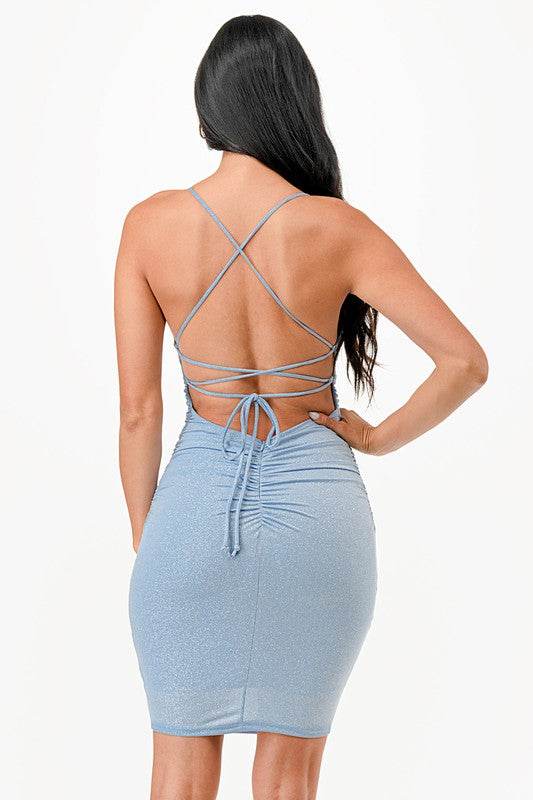 LA Scala Glittered Back Lace Up Waist Shirring Bodycon Mini Dress - Rosa Apparel