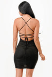 LA Scala Glittered Back Lace Up Waist Shirring Bodycon Mini Dress - Rosa Apparel