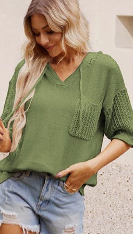 Miss Sparkling V-Neck Drawstring Knit Pocket Top