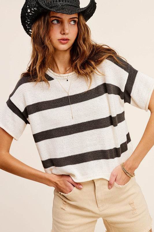 La Miel Lightweight Stripe Round Neck Short Sleeve Sweater - Rosa Apparel