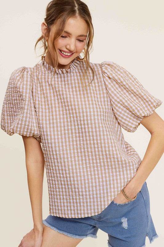La Miel Gingham Check Print Puff Sleeve Top - Rosa Apparel