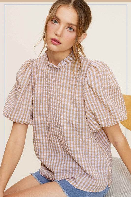 La Miel Gingham Check Print Puff Sleeve Top - Rosa Apparel
