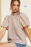 La Miel Gingham Check Print Puff Sleeve Top - Rosa Apparel