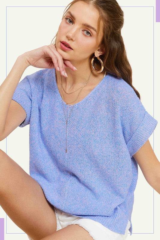 La Miel Soft Lightweight V-Neck Short Sleeve Sweater Top - Rosa Apparel