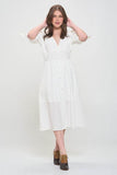 Jade By Jane Plus 3/4 Puff Sleeves Textured Button Down V-Neck Midi Dress - Rosa Apparel