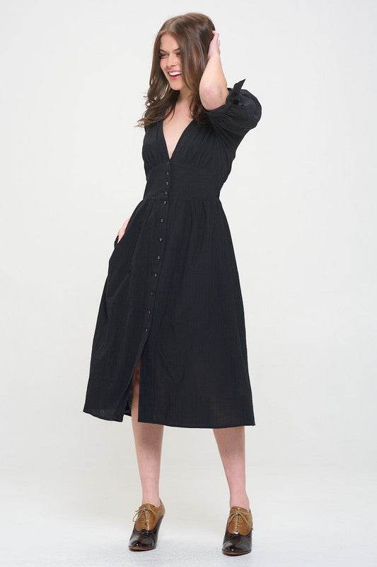 Jade By Jane 3/4 Puff Sleeves Texture V-Neck Button Down Midi Dress - Rosa Apparel