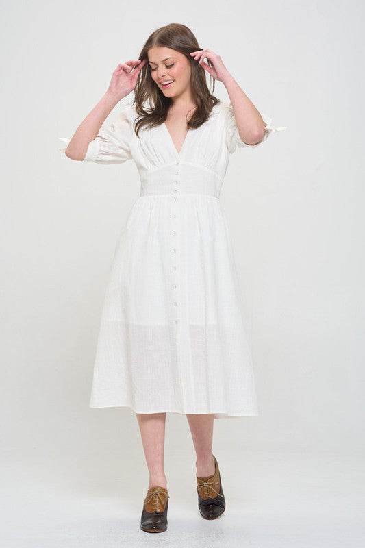 Jade By Jane Plus 3/4 Puff Sleeves Textured Button Down V-Neck Midi Dress - Rosa Apparel