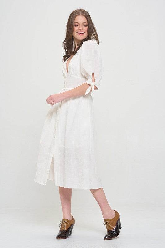 Jade By Jane Plus 3/4 Puff Sleeves Textured Button Down V-Neck Midi Dress - Rosa Apparel