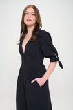 Jade By Jane 3/4 Puff Sleeves Texture V-Neck Button Down Midi Dress - Rosa Apparel
