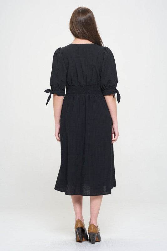 Jade By Jane 3/4 Puff Sleeves Texture V-Neck Button Down Midi Dress - Rosa Apparel