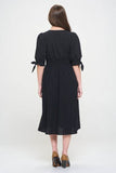 Jade By Jane 3/4 Puff Sleeves Texture V-Neck Button Down Midi Dress - Rosa Apparel