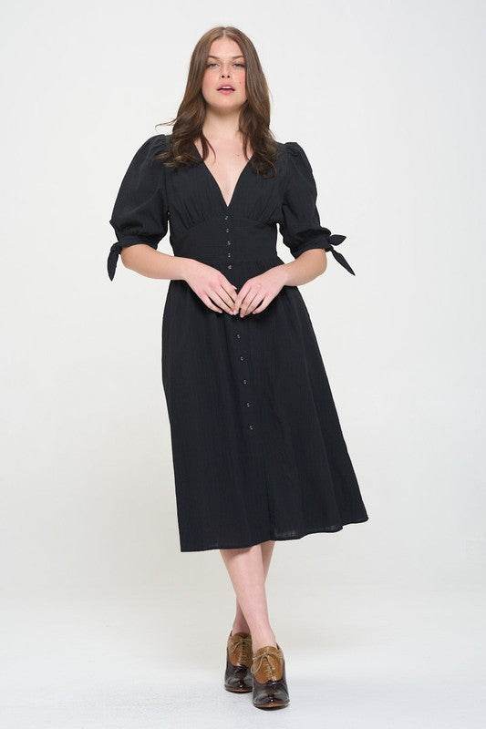 Jade By Jane Plus 3/4 Puff Sleeves Textured Button Down V-Neck Midi Dress - Rosa Apparel