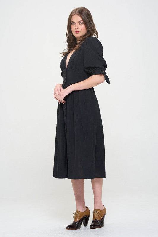Jade By Jane 3/4 Puff Sleeves Texture V-Neck Button Down Midi Dress - Rosa Apparel
