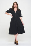 Jade By Jane 3/4 Puff Sleeves Texture V-Neck Button Down Midi Dress - Rosa Apparel