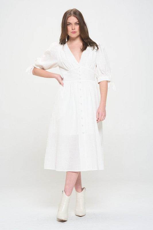 Jade By Jane Plus 3/4 Puff Sleeves Textured Button Down V-Neck Midi Dress - Rosa Apparel