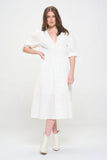 Jade By Jane Plus 3/4 Puff Sleeves Textured Button Down V-Neck Midi Dress - Rosa Apparel