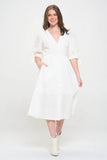 Jade By Jane Plus 3/4 Puff Sleeves Textured Button Down V-Neck Midi Dress - Rosa Apparel