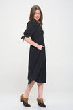 Jade By Jane 3/4 Puff Sleeves Texture V-Neck Button Down Midi Dress - Rosa Apparel