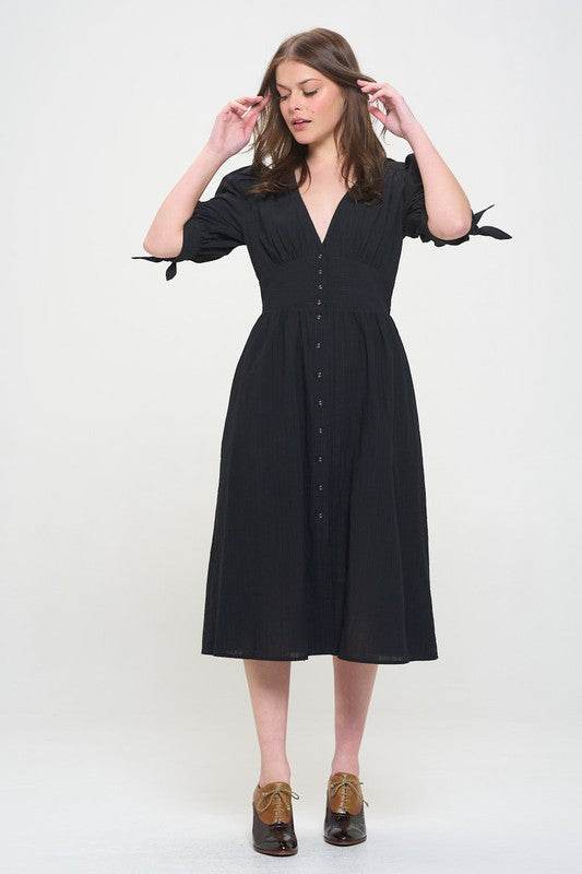 Jade By Jane 3/4 Puff Sleeves Texture V-Neck Button Down Midi Dress - Rosa Apparel
