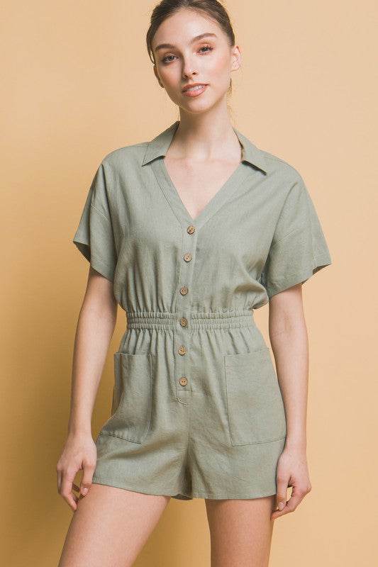 Love Tree Linen Button Down Collar Neck Short Sleeves Romper - Rosa Apparel