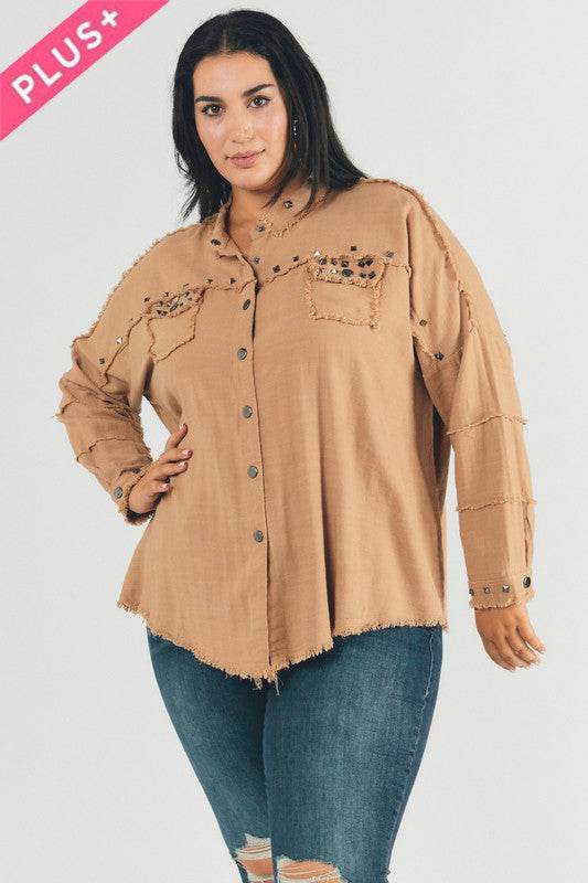 Davi & Dani Plus Distressed Hem Button Down Oversize Shirt - Rosa Apparel