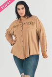 Davi & Dani Plus Distressed Hem Button Down Oversize Shirt - Rosa Apparel