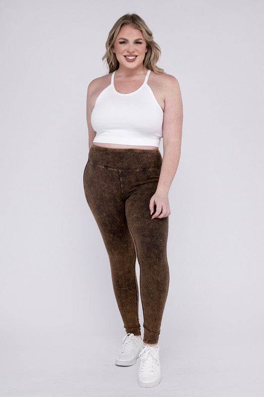 Zenana Plus Mineral Washed Wide Waistband Yoga Leggings - Rosa Apparel