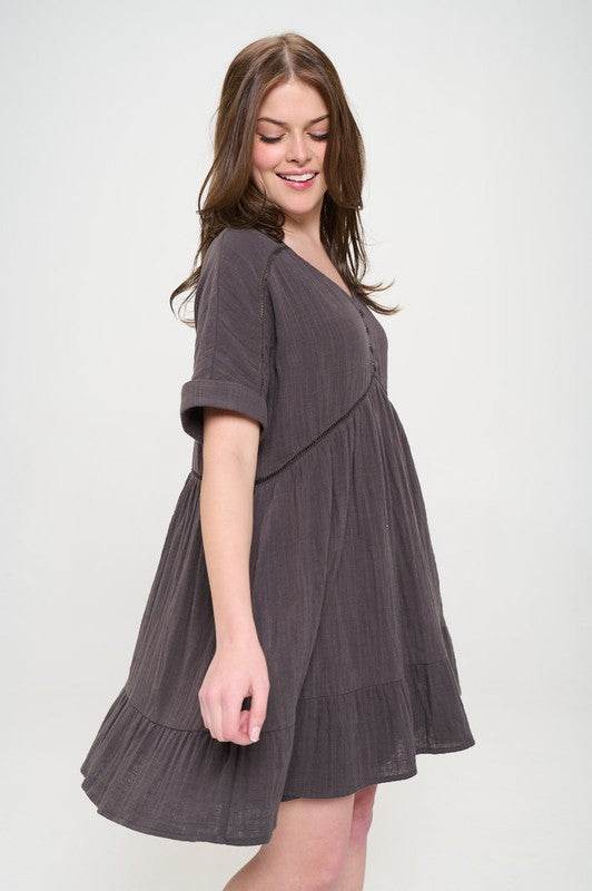 Jade By Jane Textured Short Sleeves Button Down V-Neck Short Dress - Rosa Apparel