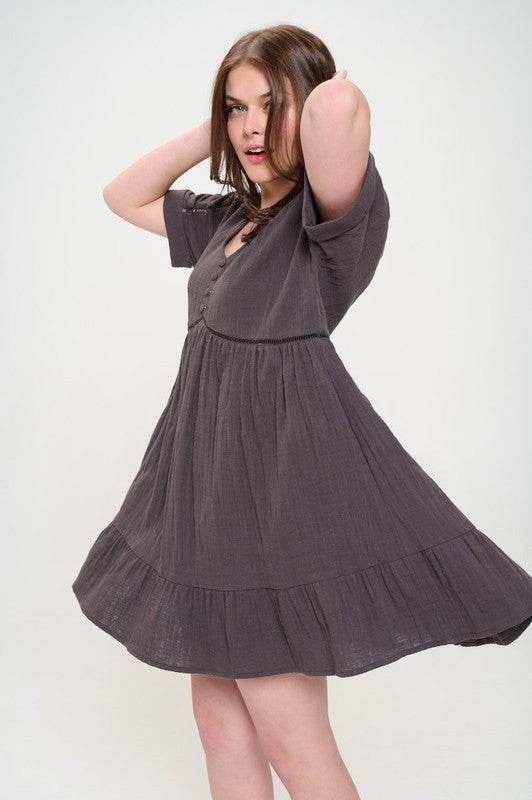 Jade By Jane Textured Short Sleeves Button Down V-Neck Short Dress - Rosa Apparel