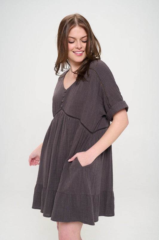Jade By Jane Textured Short Sleeves Button Down V-Neck Short Dress - Rosa Apparel