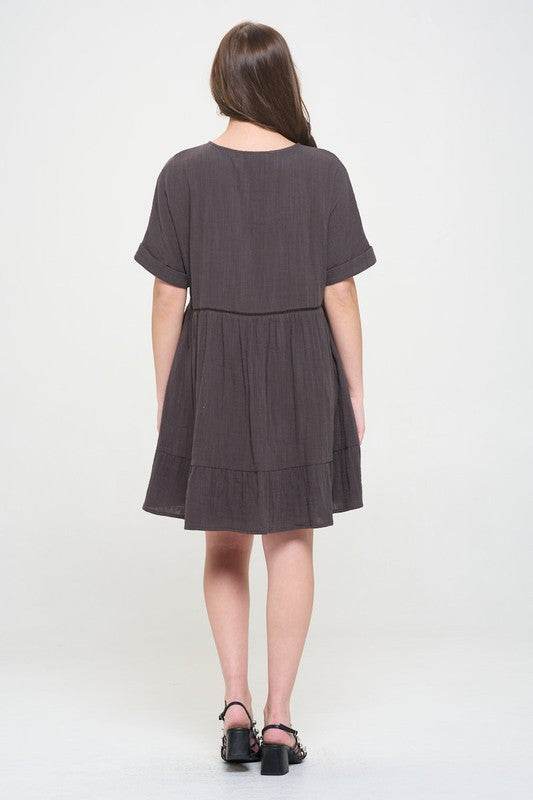 Jade By Jane Textured Short Sleeves Button Down V-Neck Short Dress - Rosa Apparel