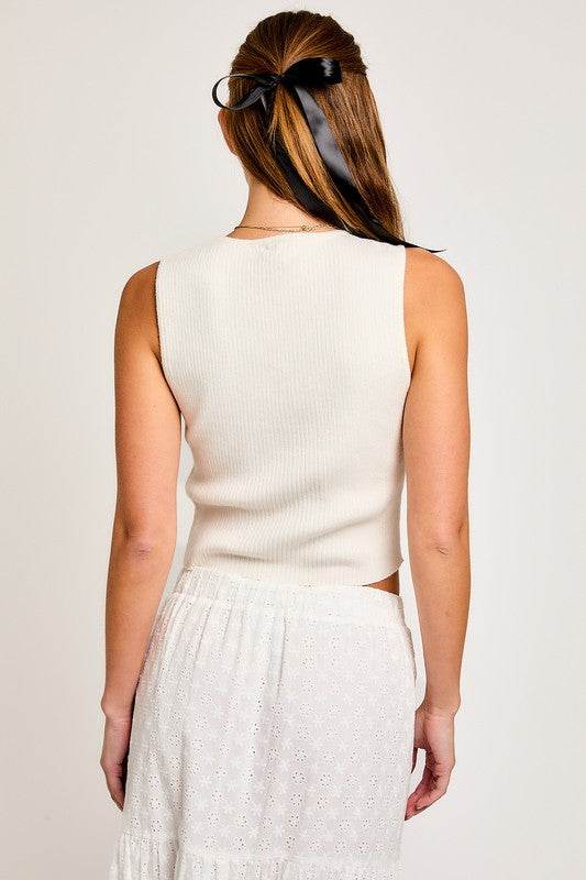 LE LIS Satin Bow Detail Round Neck Sleeveless Sweater Top - Rosa Apparel