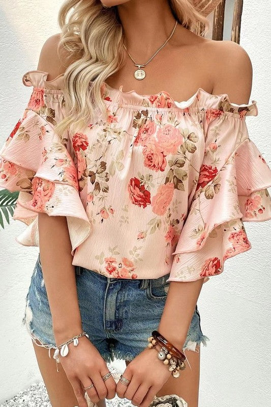 Miss Sparkling Floral Off Shoulder Ruffle Blouse