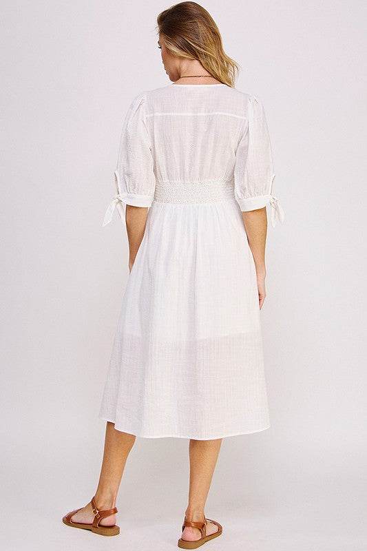 Jade By Jane 3/4 Puff Sleeves Texture V-Neck Button Down Midi Dress - Rosa Apparel