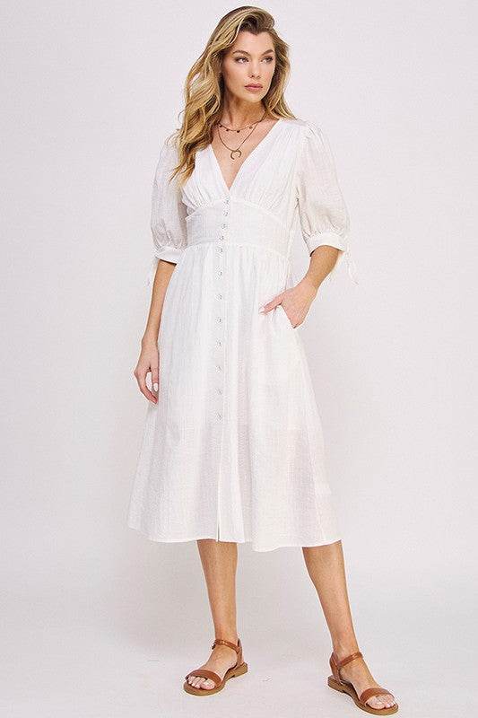 Jade By Jane 3/4 Puff Sleeves Texture V-Neck Button Down Midi Dress - Rosa Apparel