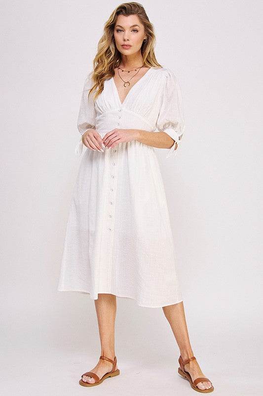 Jade By Jane 3/4 Puff Sleeves Texture V-Neck Button Down Midi Dress - Rosa Apparel