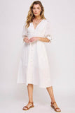 Jade By Jane 3/4 Puff Sleeves Texture V-Neck Button Down Midi Dress - Rosa Apparel