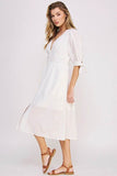 Jade By Jane 3/4 Puff Sleeves Texture V-Neck Button Down Midi Dress - Rosa Apparel