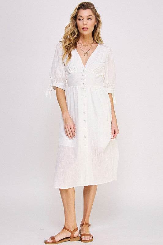 Jade By Jane 3/4 Puff Sleeves Texture V-Neck Button Down Midi Dress - Rosa Apparel