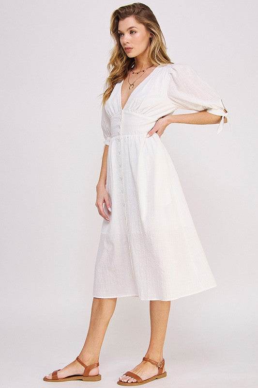 Jade By Jane 3/4 Puff Sleeves Texture V-Neck Button Down Midi Dress - Rosa Apparel
