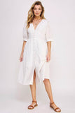 Jade By Jane 3/4 Puff Sleeves Texture V-Neck Button Down Midi Dress - Rosa Apparel