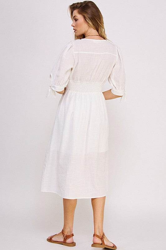 Jade By Jane 3/4 Puff Sleeves Texture V-Neck Button Down Midi Dress - Rosa Apparel