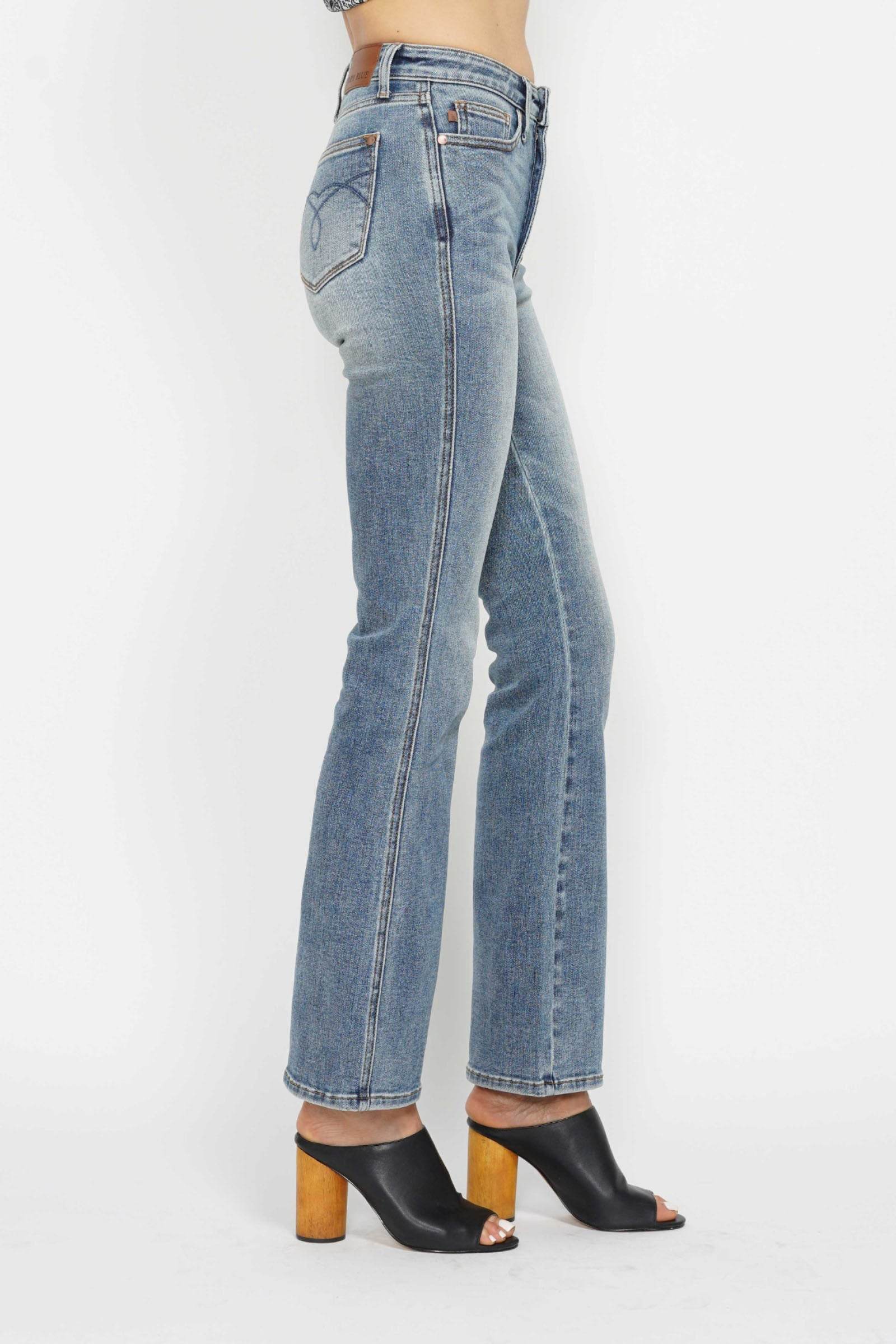 Judy Blue Full Size Tummy Control Back Embroidered Pocketed Bootcut Jeans Plus Size - Rosa Apparel