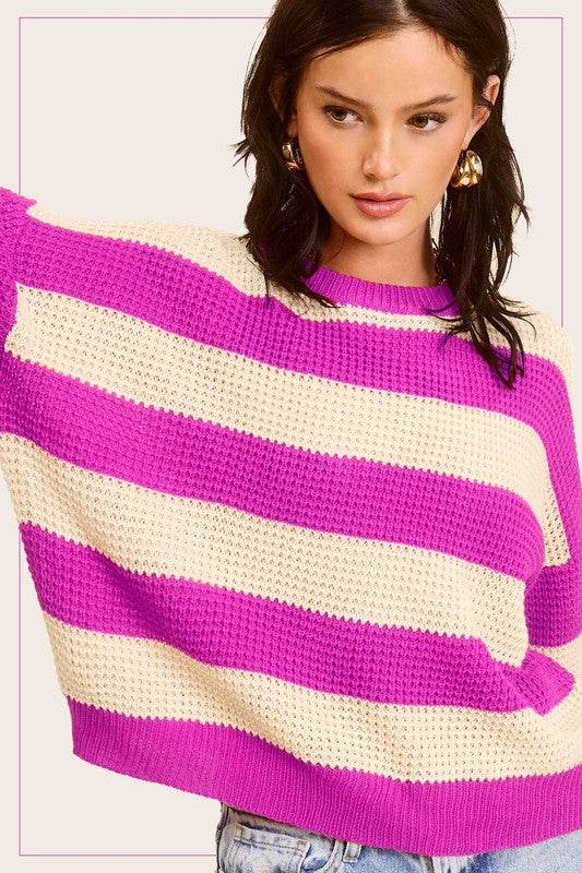 La Miel Striped Round Neck Long Sleeves Loose Fit Sweater - Rosa Apparel
