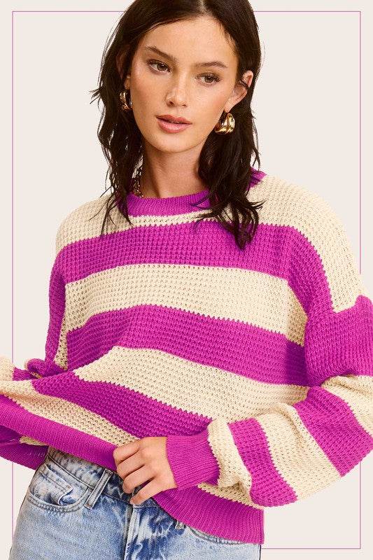 La Miel Striped Round Neck Long Sleeves Loose Fit Sweater - Rosa Apparel