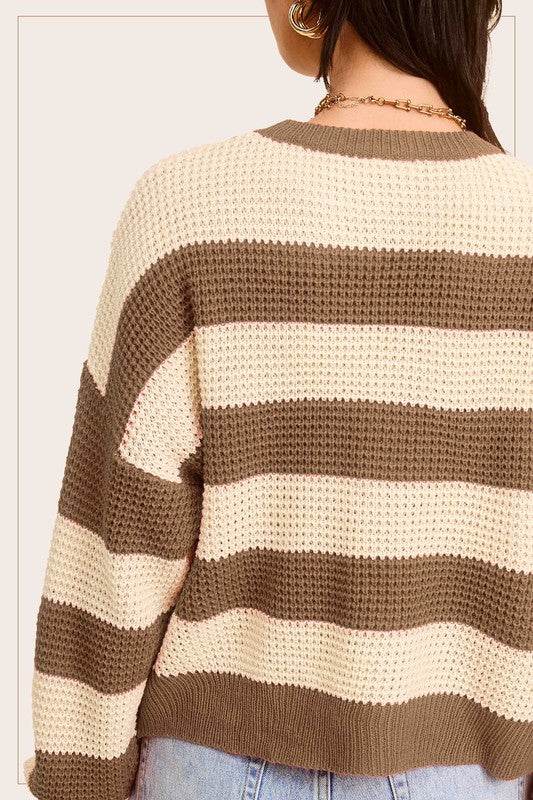 La Miel Striped Round Neck Long Sleeves Loose Fit Sweater - Rosa Apparel