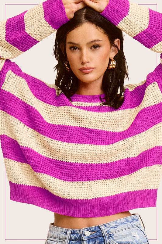 La Miel Striped Round Neck Long Sleeves Loose Fit Sweater - Rosa Apparel
