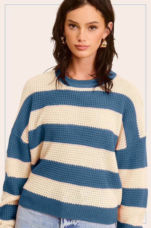 La Miel Striped Round Neck Long Sleeves Loose Fit Sweater - Rosa Apparel