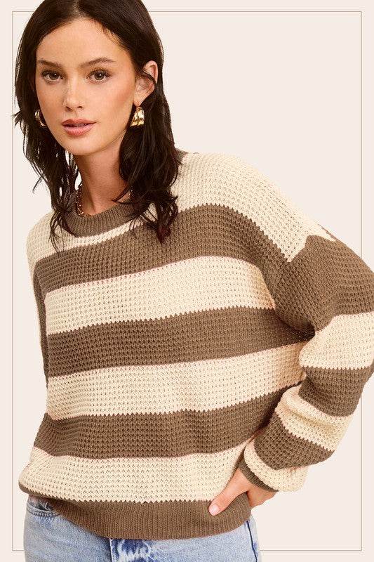 La Miel Striped Round Neck Long Sleeves Loose Fit Sweater - Rosa Apparel