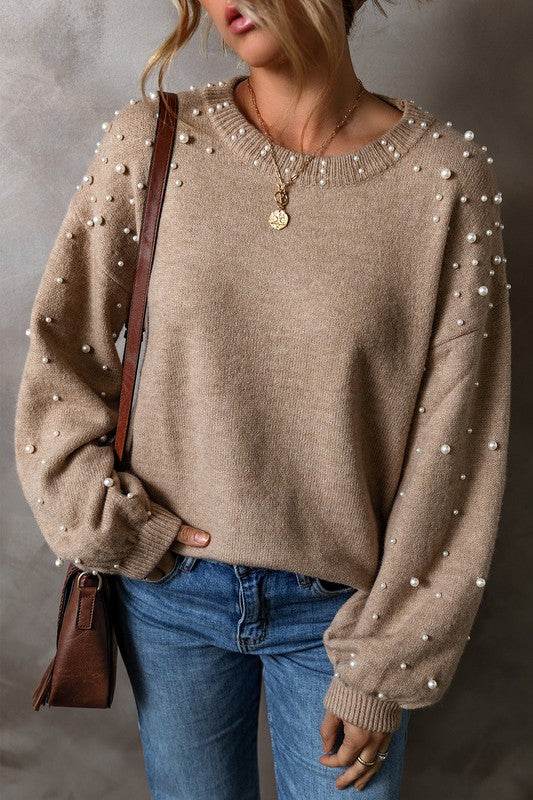 Shewin Pearl Drop Shoulder Round Neck Sweater - Rosa Apparel